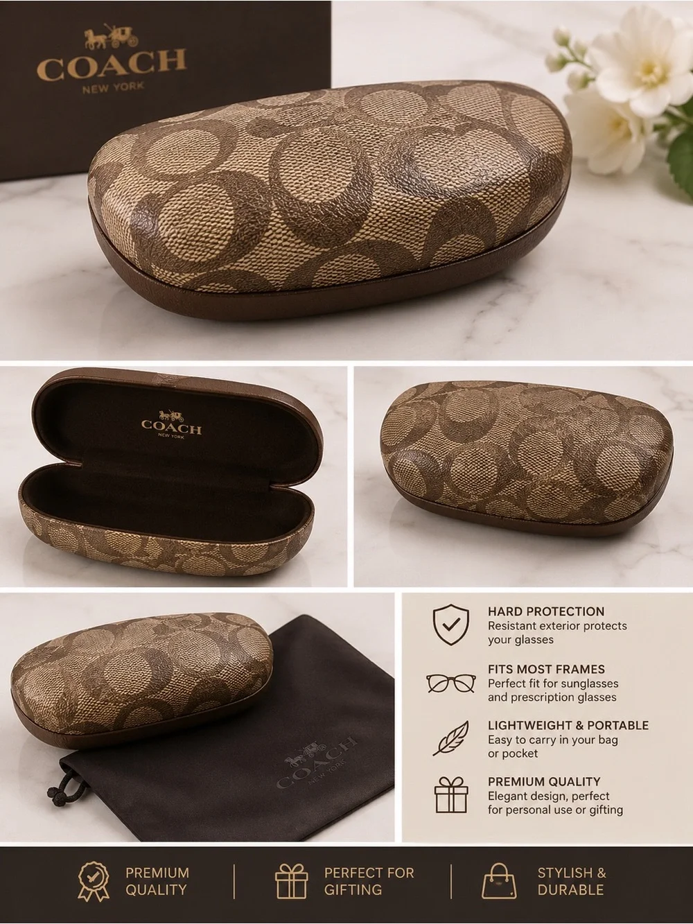 COACH Brown Signature Logo Hard Glasses Case